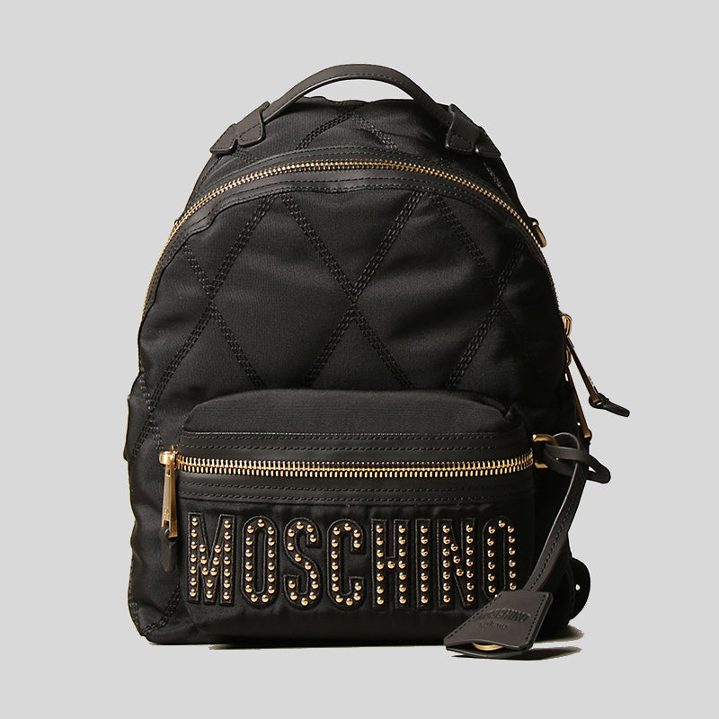 Moschino Couture Backpack In Quilted Nylon With Studs Logo Black B7606 lussocitta lusso citta